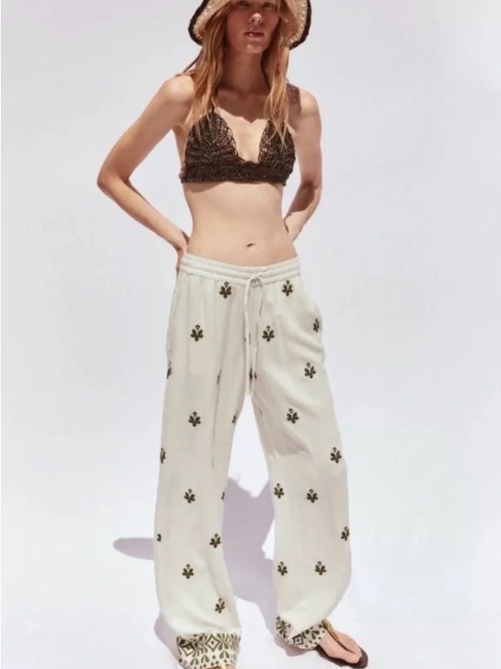 Zara Cream Linen Blend Wide-Leg Embroidered Drawstring Pants, Size XS